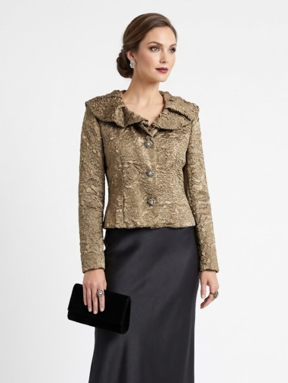 Victor Costa Gold Brocade Cropped Blazer Embellished Buttons Size 4